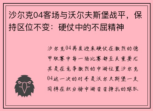 沙尔克04客场与沃尔夫斯堡战平，保持区位不变：硬仗中的不屈精神
