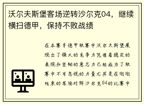 沃尔夫斯堡客场逆转沙尔克04，继续横扫德甲，保持不败战绩