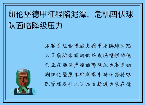 纽伦堡德甲征程陷泥潭，危机四伏球队面临降级压力