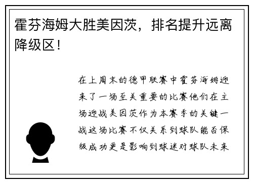 霍芬海姆大胜美因茨，排名提升远离降级区！